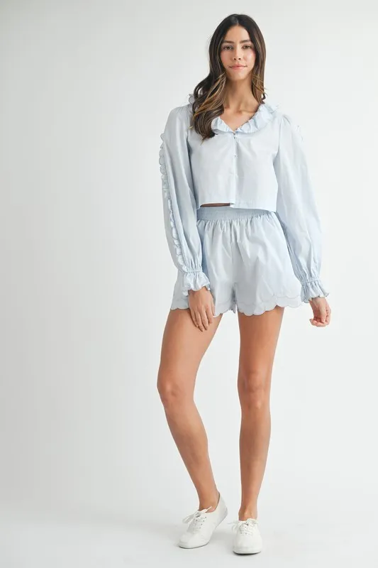 Long Sleeve Scallop Blouse and Shorts Set, image 7