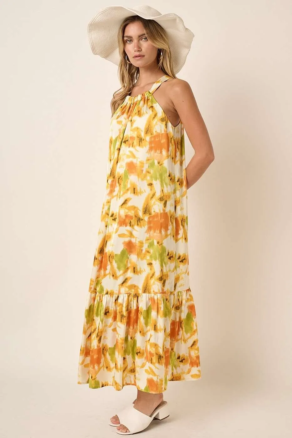 Watercolor Print Halter Neck Satin Maxi Dress, image 7