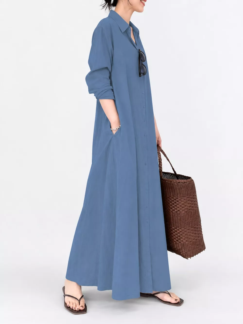Full Size Button Front Long Sleeve Maxi Shirt Dress Plus Size, image 35