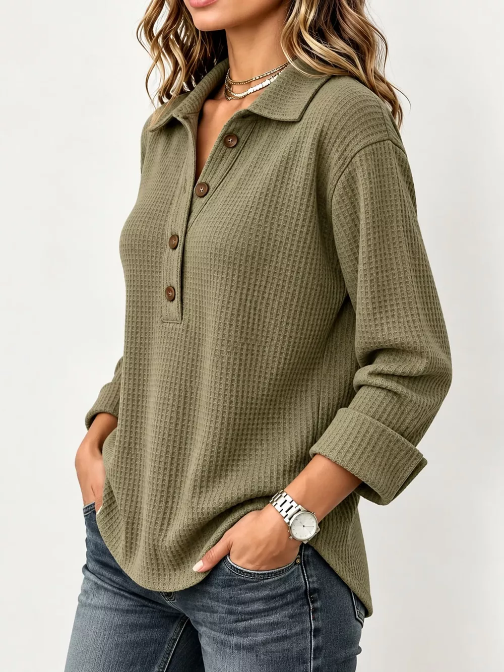 Full Size Waffle Knit Long Sleeve Polo Top Plus Size, image 7