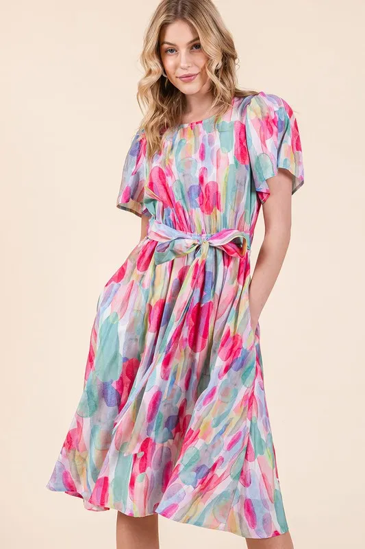 Watercolor Print Tie Front Midi Dress, image 7