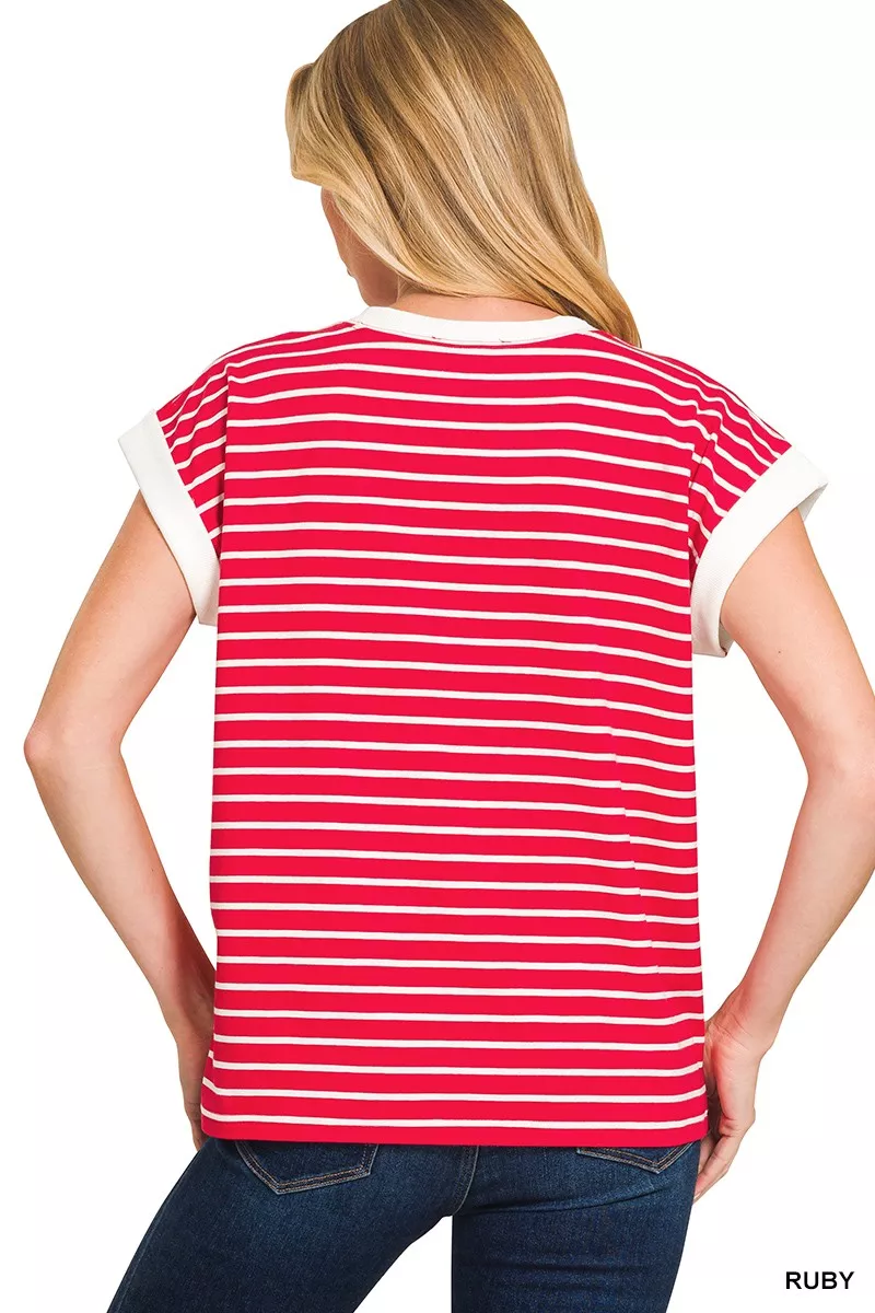 Full Size Contrast Trim Cap Sleeve Stripe Tee Plus Size, image 6