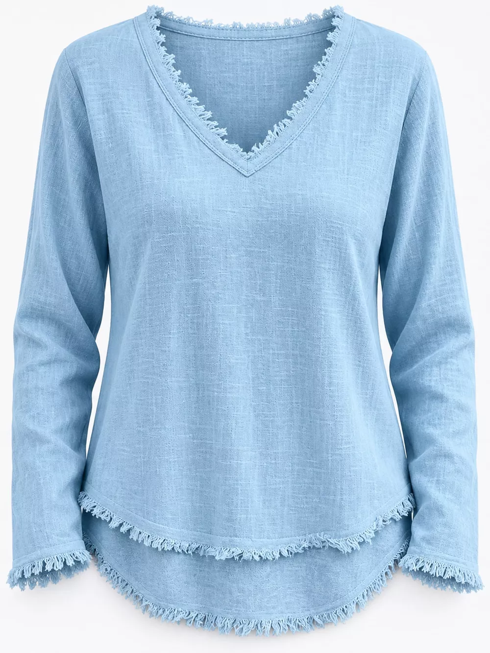 Full Size Frayed Hem V-Neck Long Sleeve Blouse Plus Size, image 15