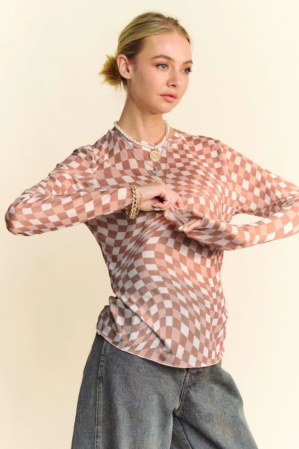 Checker Board Mesh Long Sleeve Layering Top, image 2