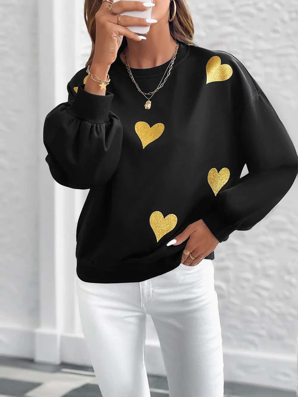 Heart Print Long Sleeve Sweatshirt, image 2