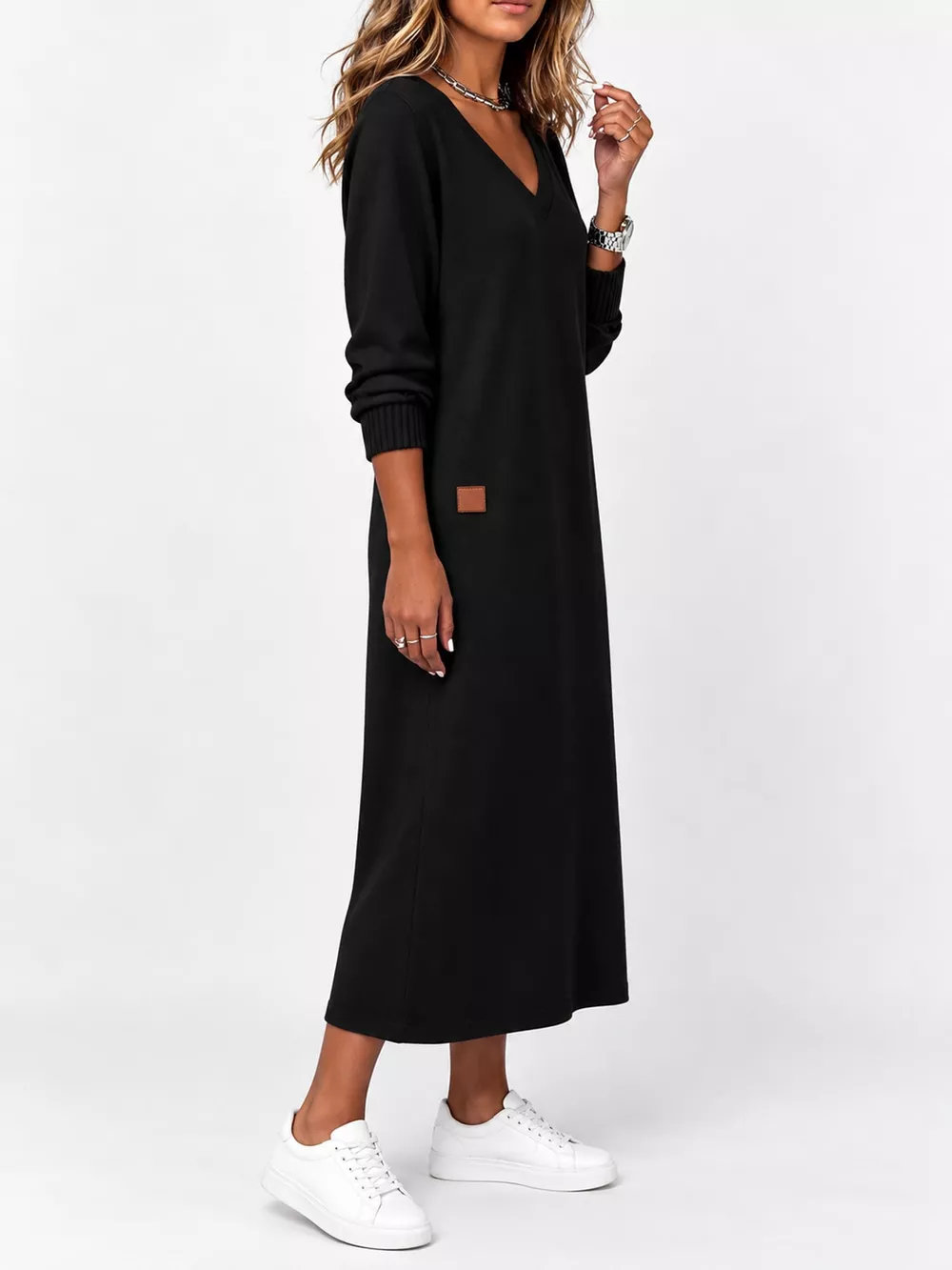Full Size V-Neck Long Sleeve Midi Dress Plus Size, image 17