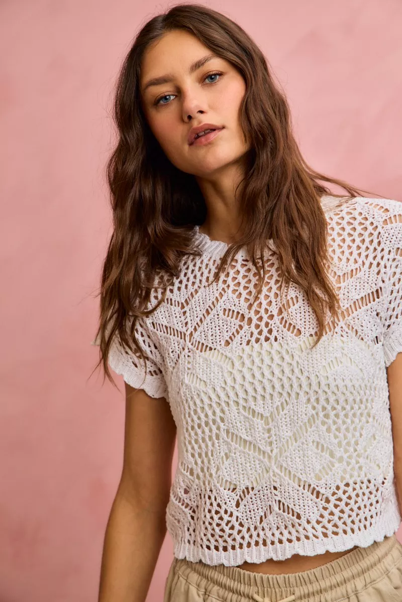 Crochet Scallop Edge Short Sleeves Knit Cover Up, image 13