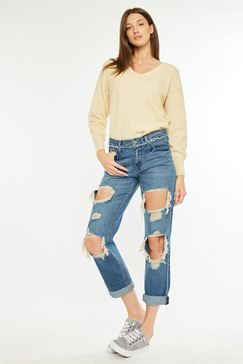 Distressed Mid Rise True Boyfriend Jeans, image 5