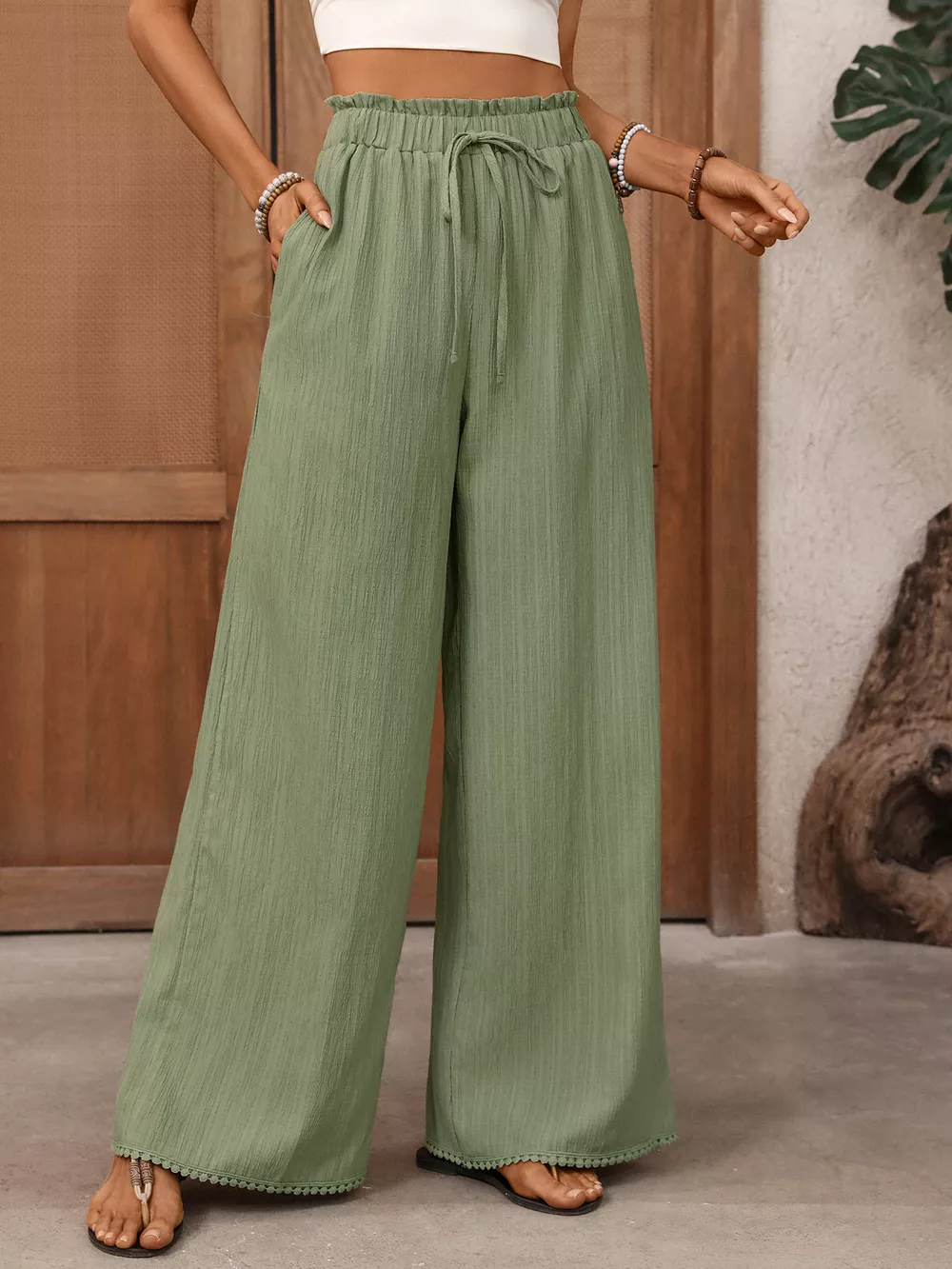 Wide Leg Drawstring Waist Pants, image 10