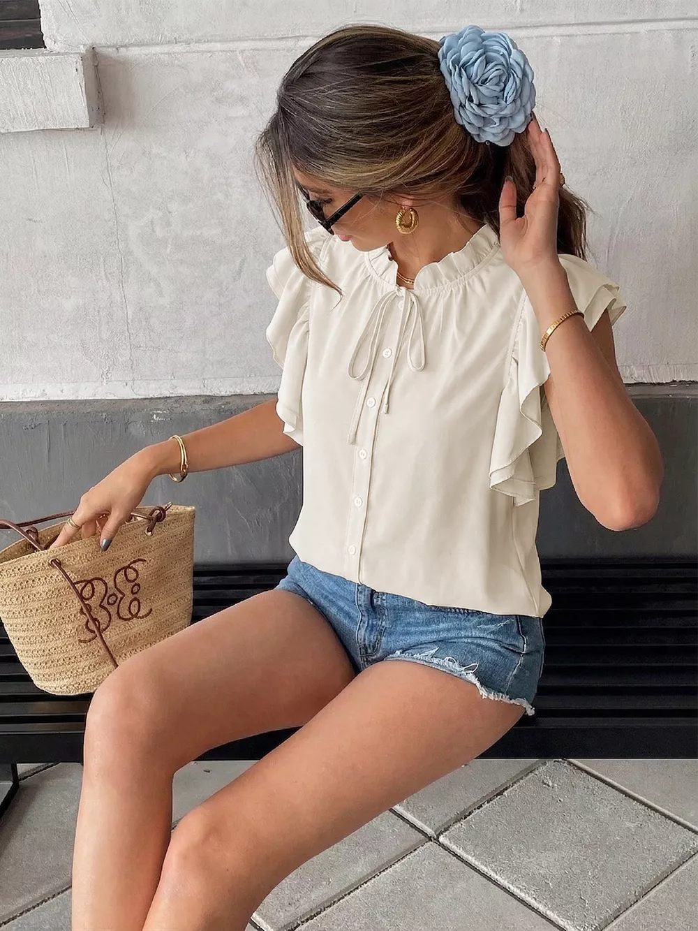 Ruffle Sleeve Tie-Neck Shirt, image 3