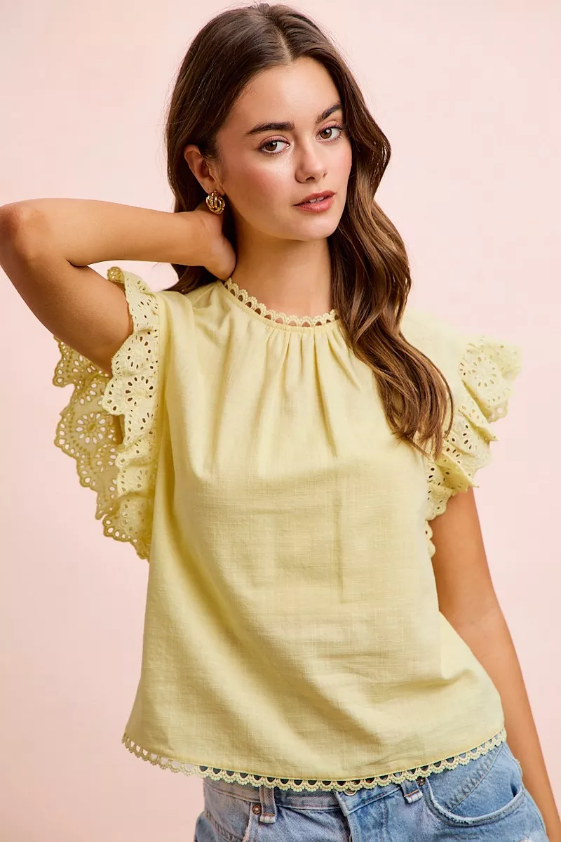 BiBi Cotton Solid Ruffle Sleeve Lace Detail Blouse Top, image 12