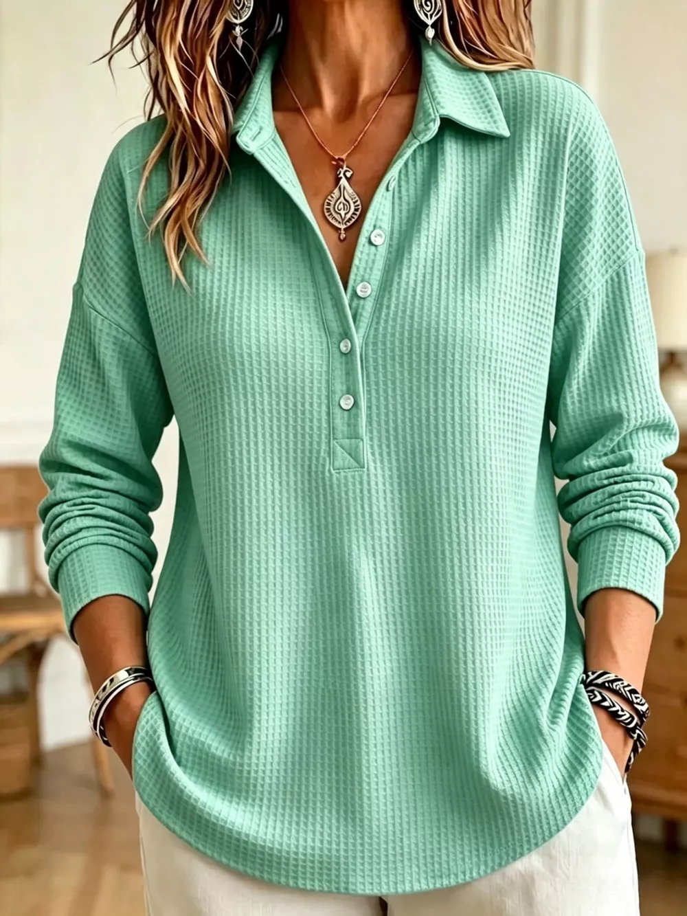 Full Size Waffle Knit Button Detail Top Plus Size, image 7