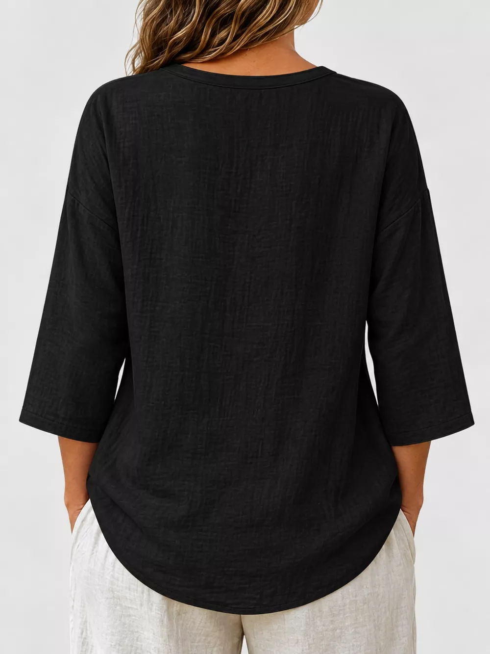 Full Size Button Detail Notched 3/4 Sleeve Blouse Plus Size, image 19