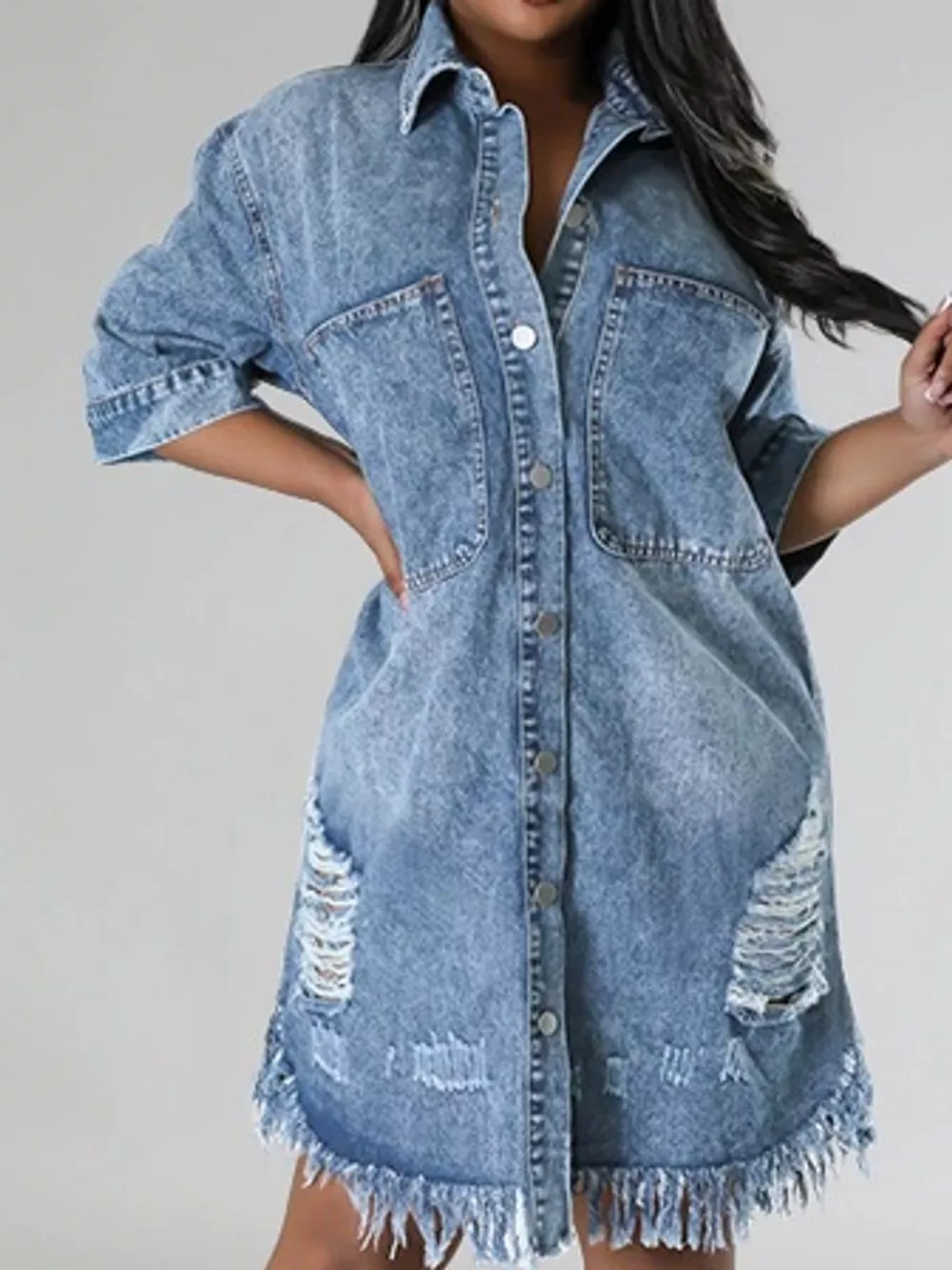 Plus Size Distressed Frayed Hem Button-Down Denim Dress