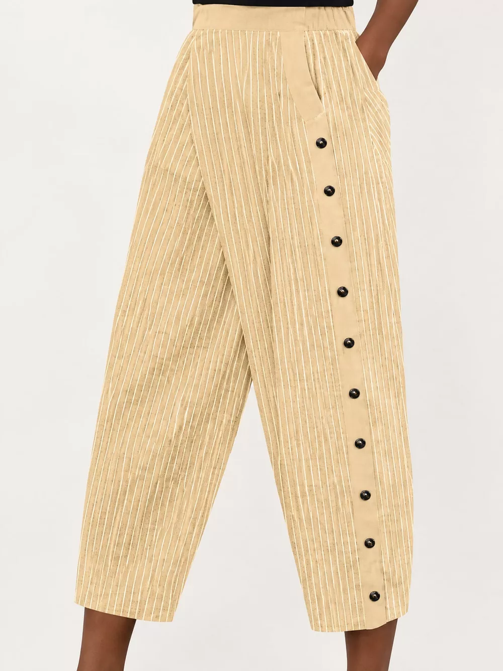 Striped Casual Pants with Side Button Detail, image 10