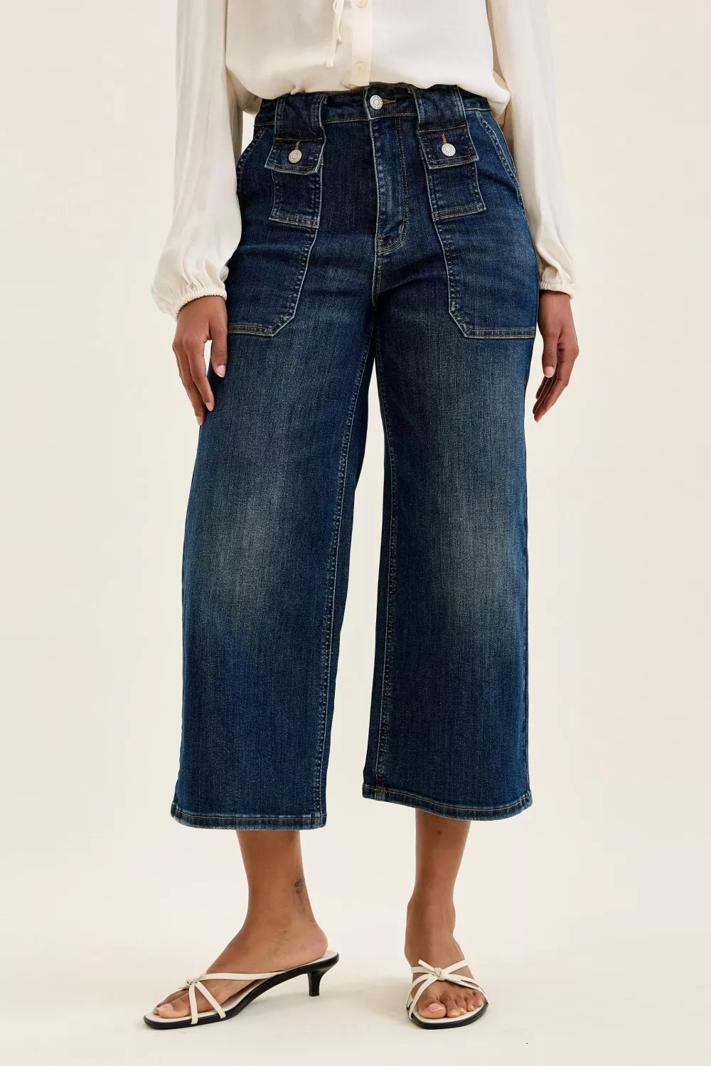 High Waist Wide Crop Utility Jeans with Patch Pocket