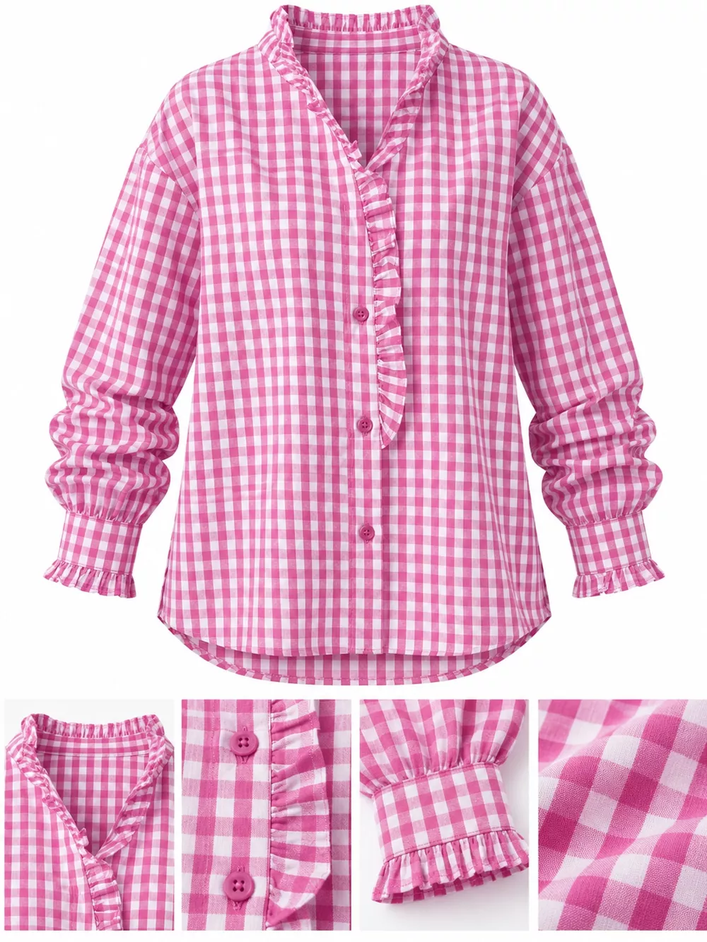 Gingham Ruffle Trim Stand Collar Shirt, image 14