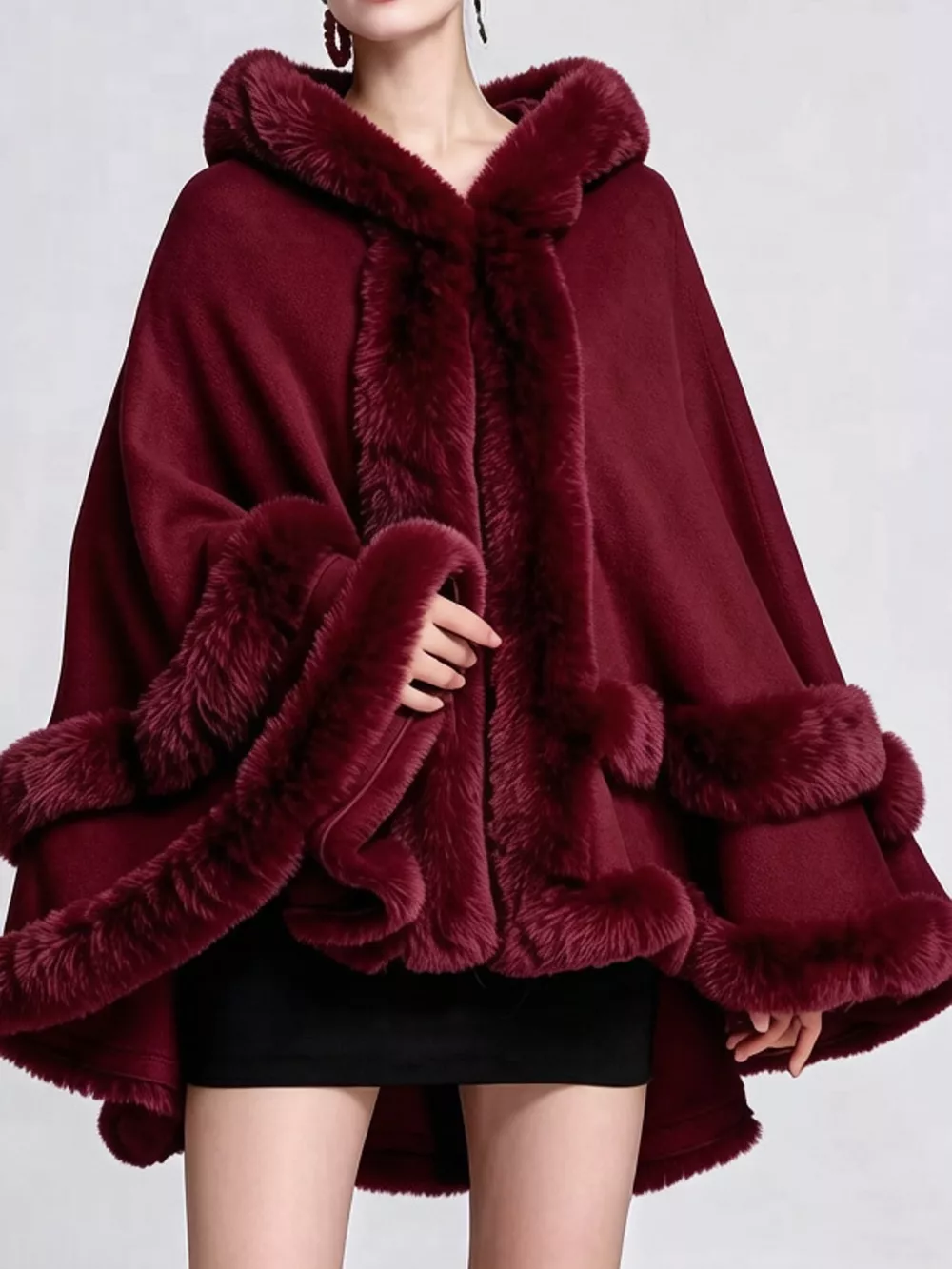 Faux Fur Trimmed Hooded Cape, image 19