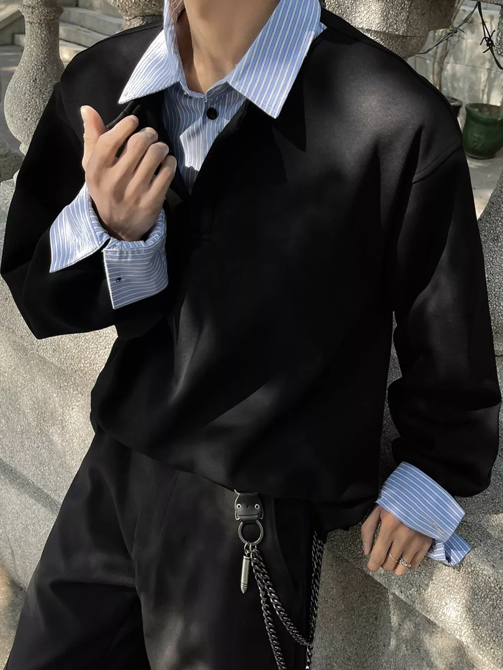 Men's Plus Size Layered Look Striped Collar and Cuffs Long Sleeve Sweatshirt