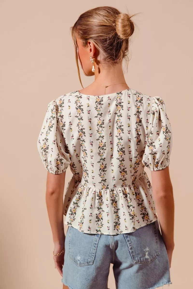 Floral Print Tie Front Shirred Hem Blouse, image 7