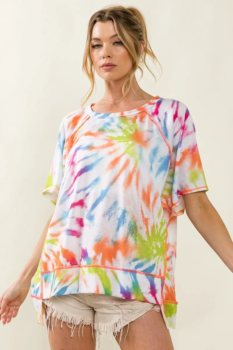 Tie Dye Print Jersey Stitched Uneven Hem Top, image 7