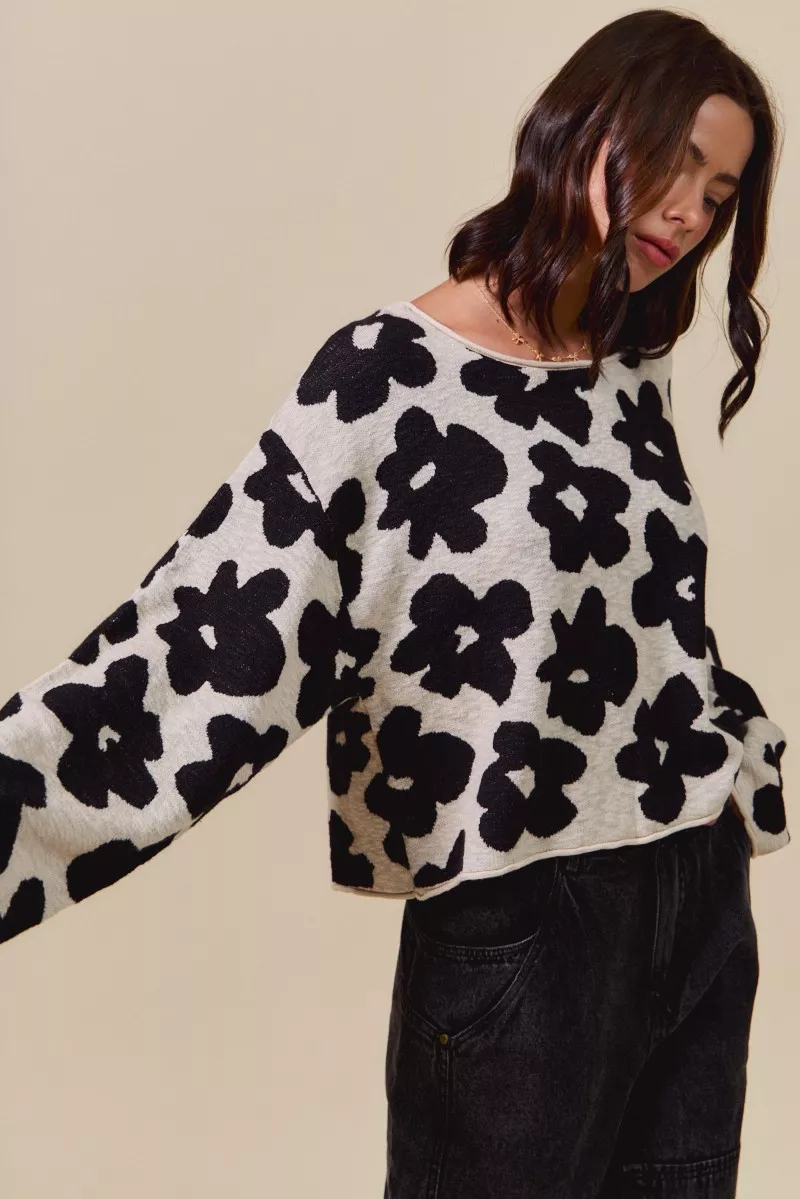 Loose Fit Flower Lightweight Sweater Top, image 2