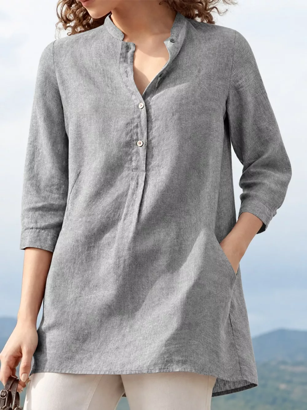 Full Size Button Detail 3/4 Sleeve Blouse Plus Size, image 5