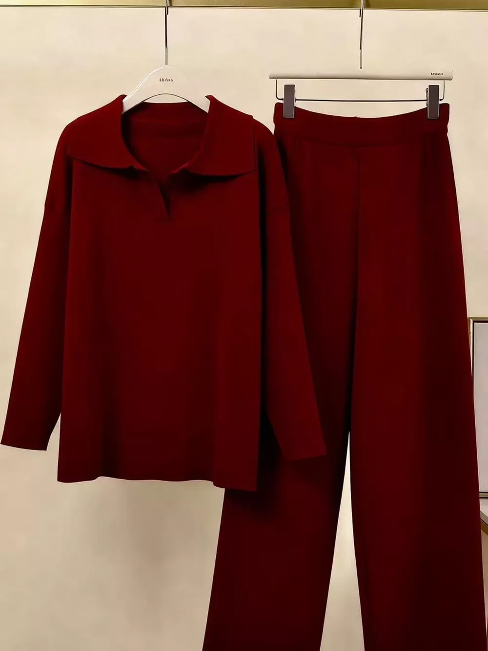 Polo Collar Top and Wide-Leg Pants Set, image 44