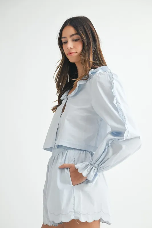 Long Sleeve Scallop Blouse and Shorts Set, image 4