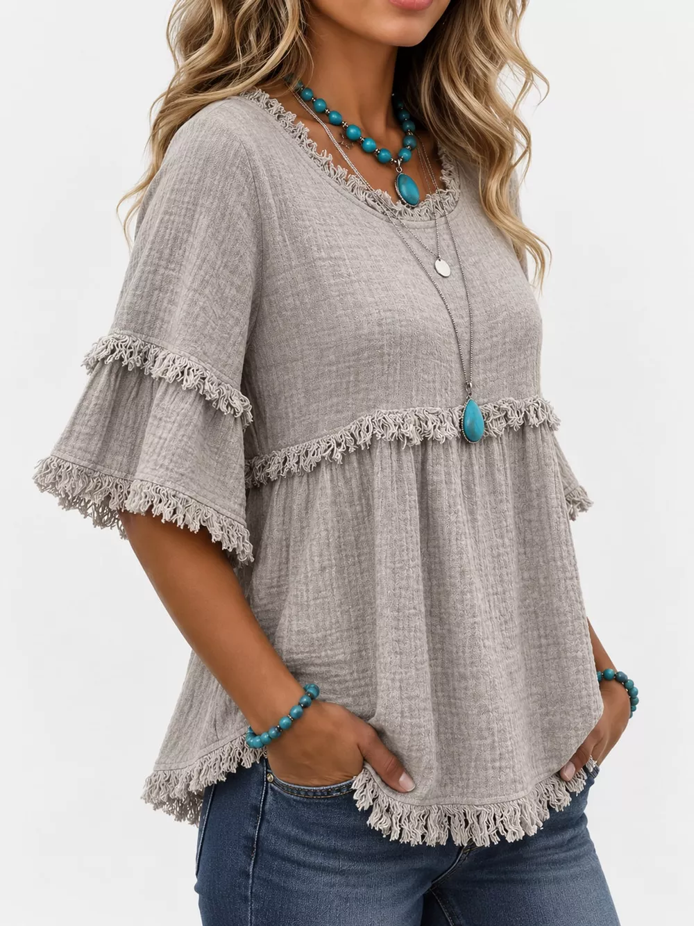Full Size Frayed Edge Textured Blouse Plus Size, image 43