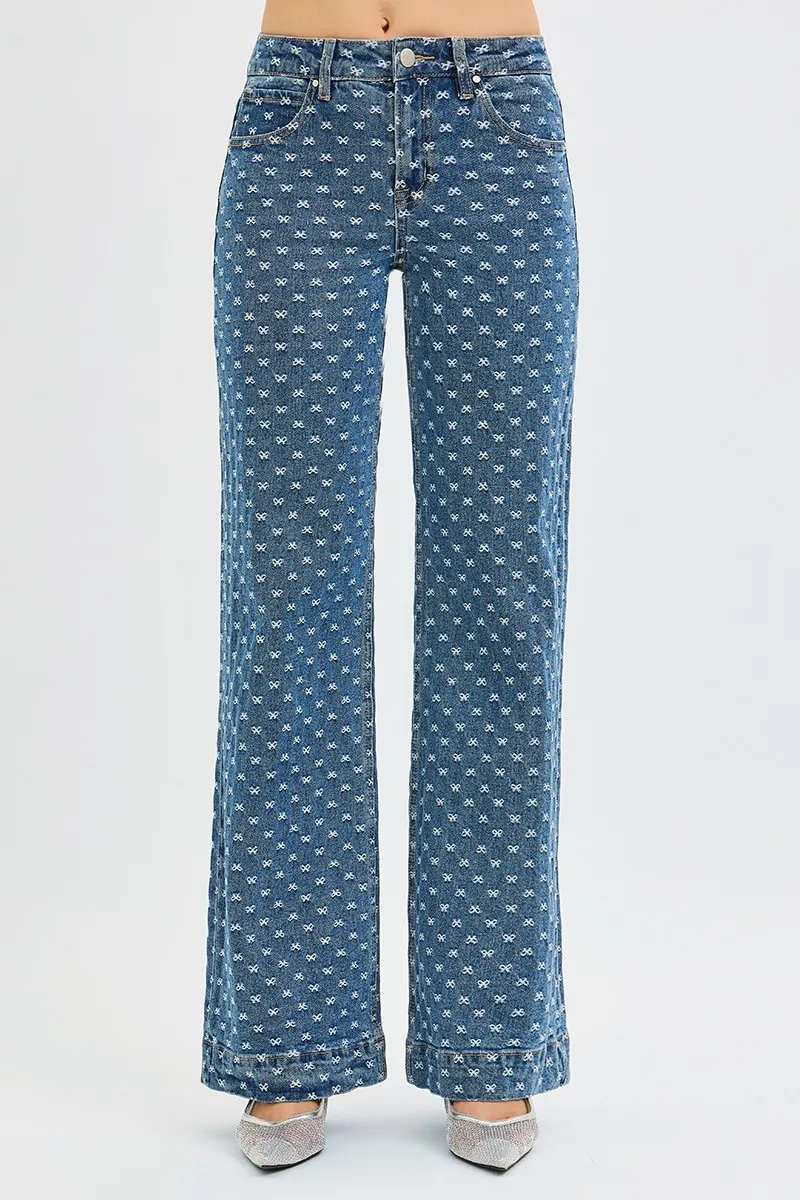 High Rise Wide Leg Bow Embroidered Jeans, image 7
