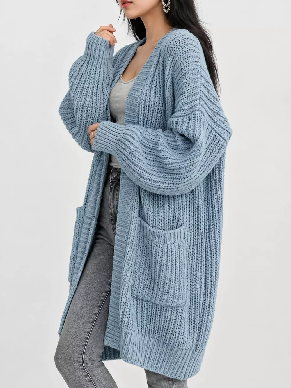 Full Size Chunky Knit Openwork Front Longline Cardigan Plus Size, image 33