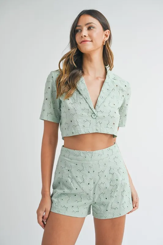 Eyelet Short Sleeve Crop Top and Shorts Set