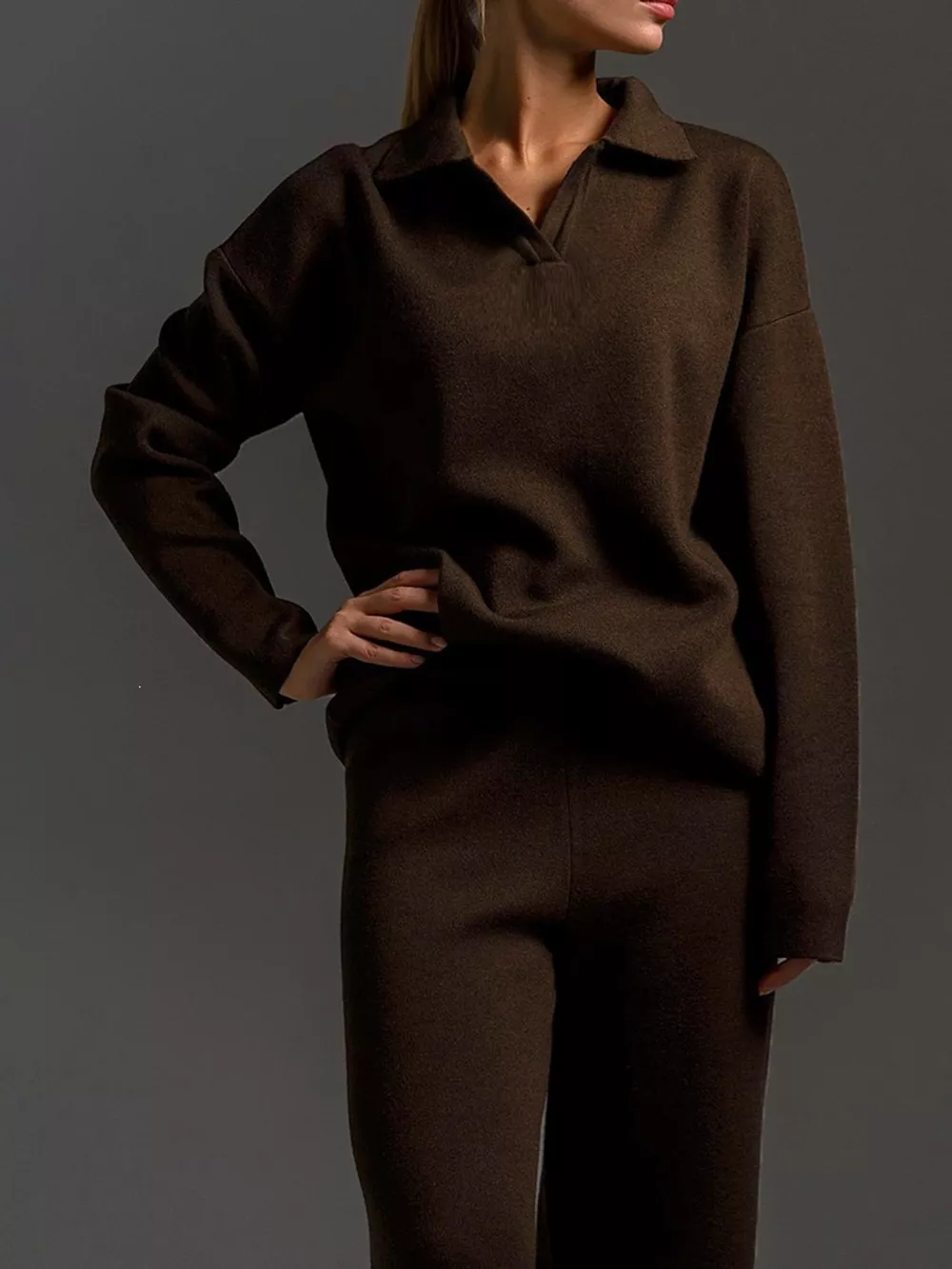 Polo Collar Top and Wide-Leg Pants Set, image 33