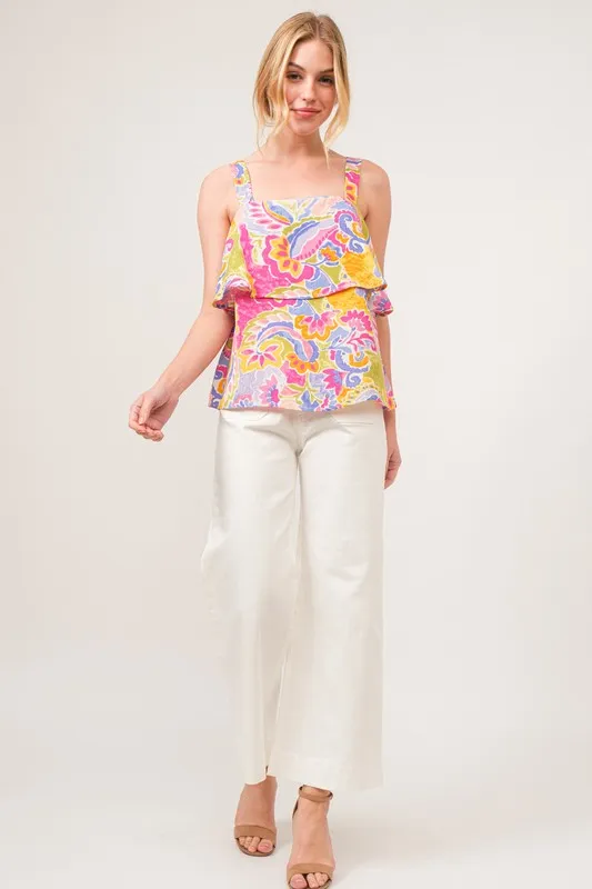Square Neck Tiered Paisley Printed Top