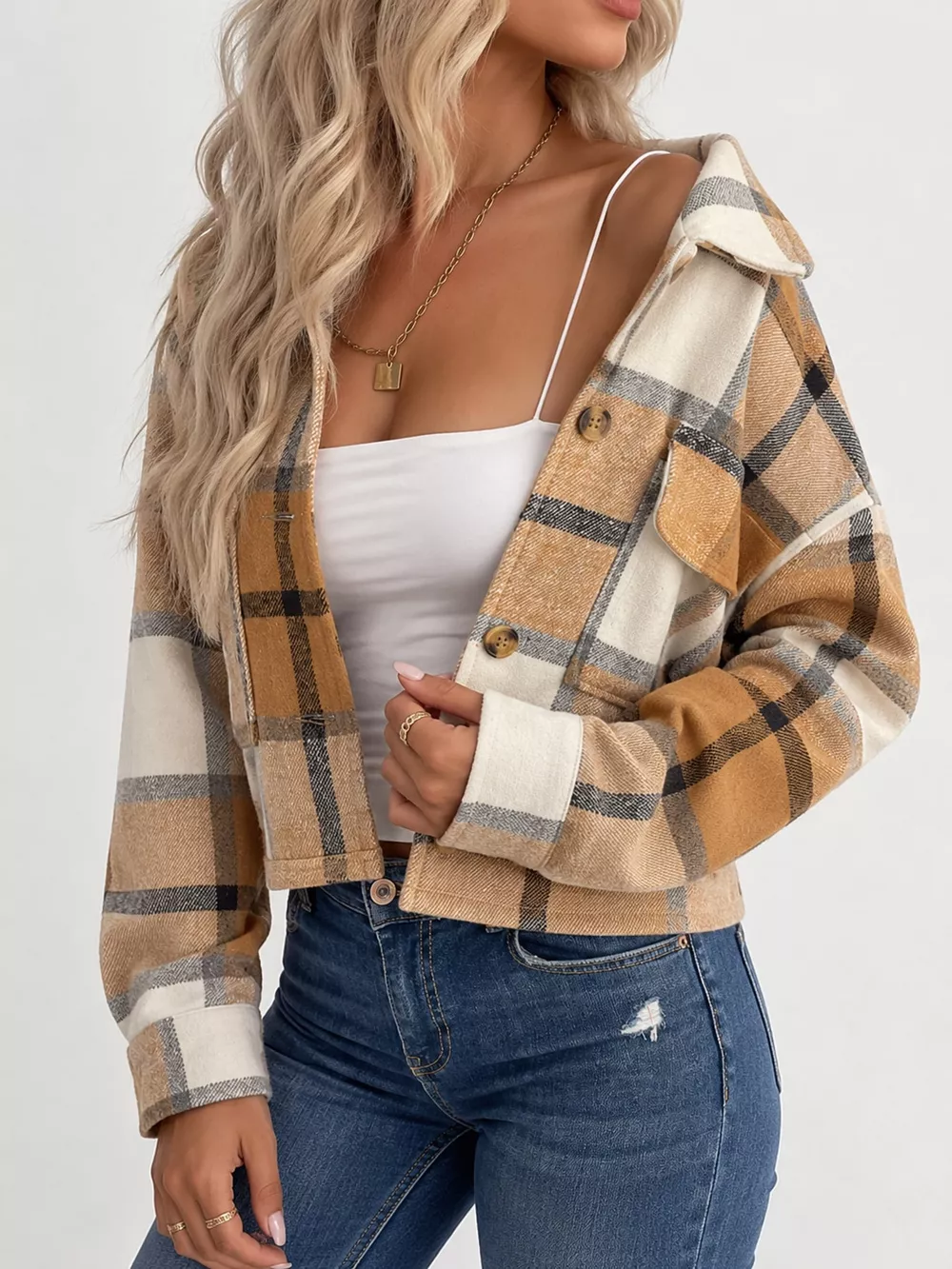 Plaid Button-Front Cropped Jacket, image 15