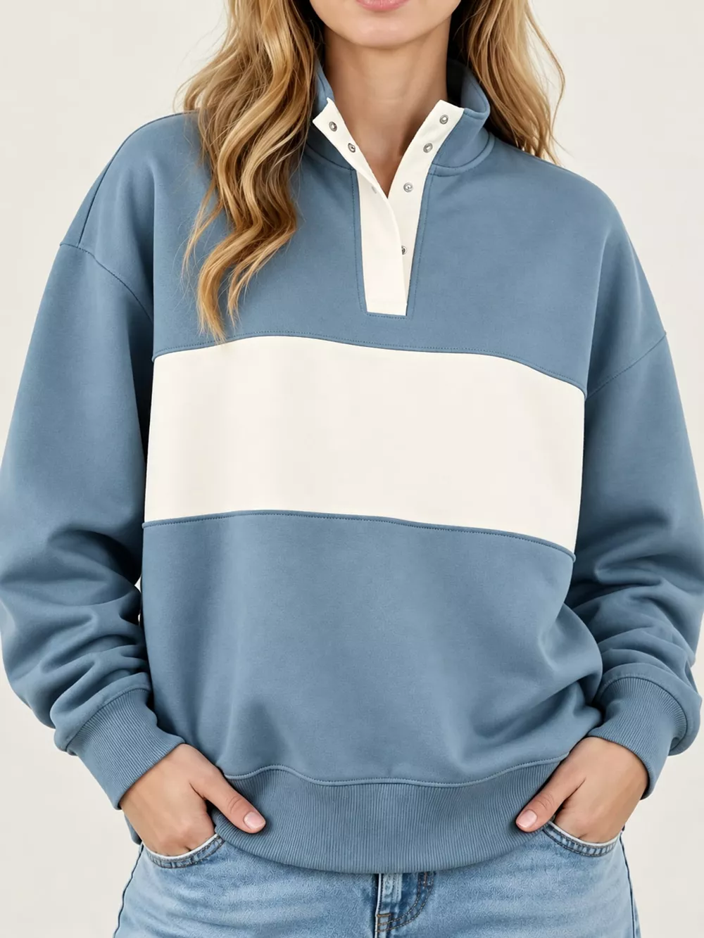 Full Size Color Block Snap-Button Sweatshirt Plus Size, image 11