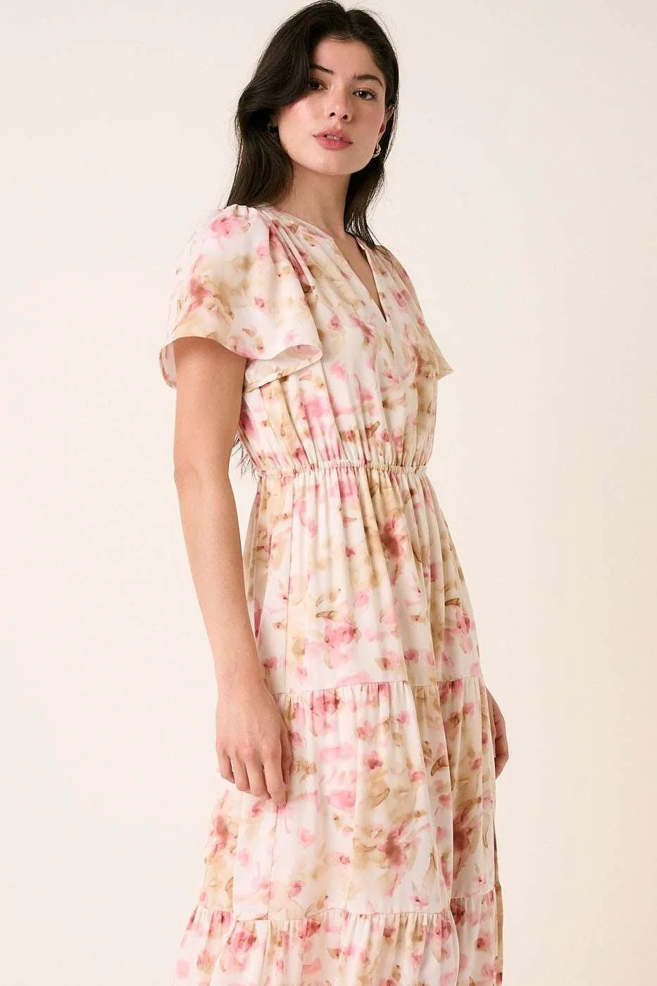 Flower Print Flutter Sleeve V Slit Maxi Dress, image 3