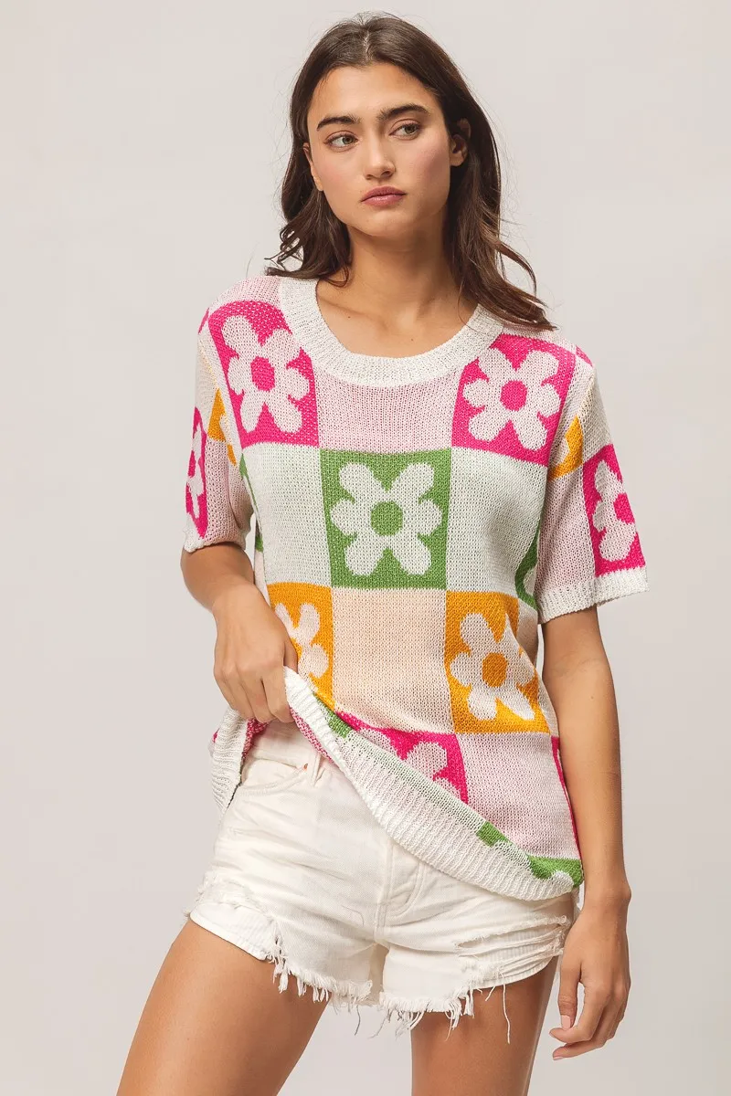 Flower Checker Pattern Lightweight Sweater Top, image 15