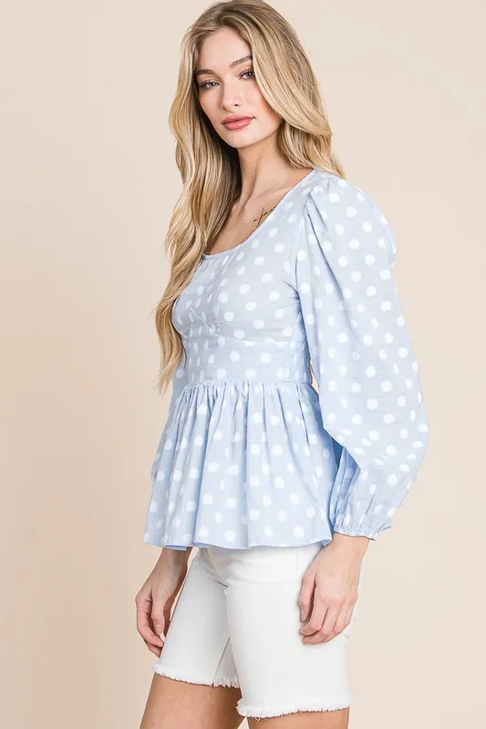 Polka Dot Print Balloon Sleeve Babydoll Peplum Top, image 10