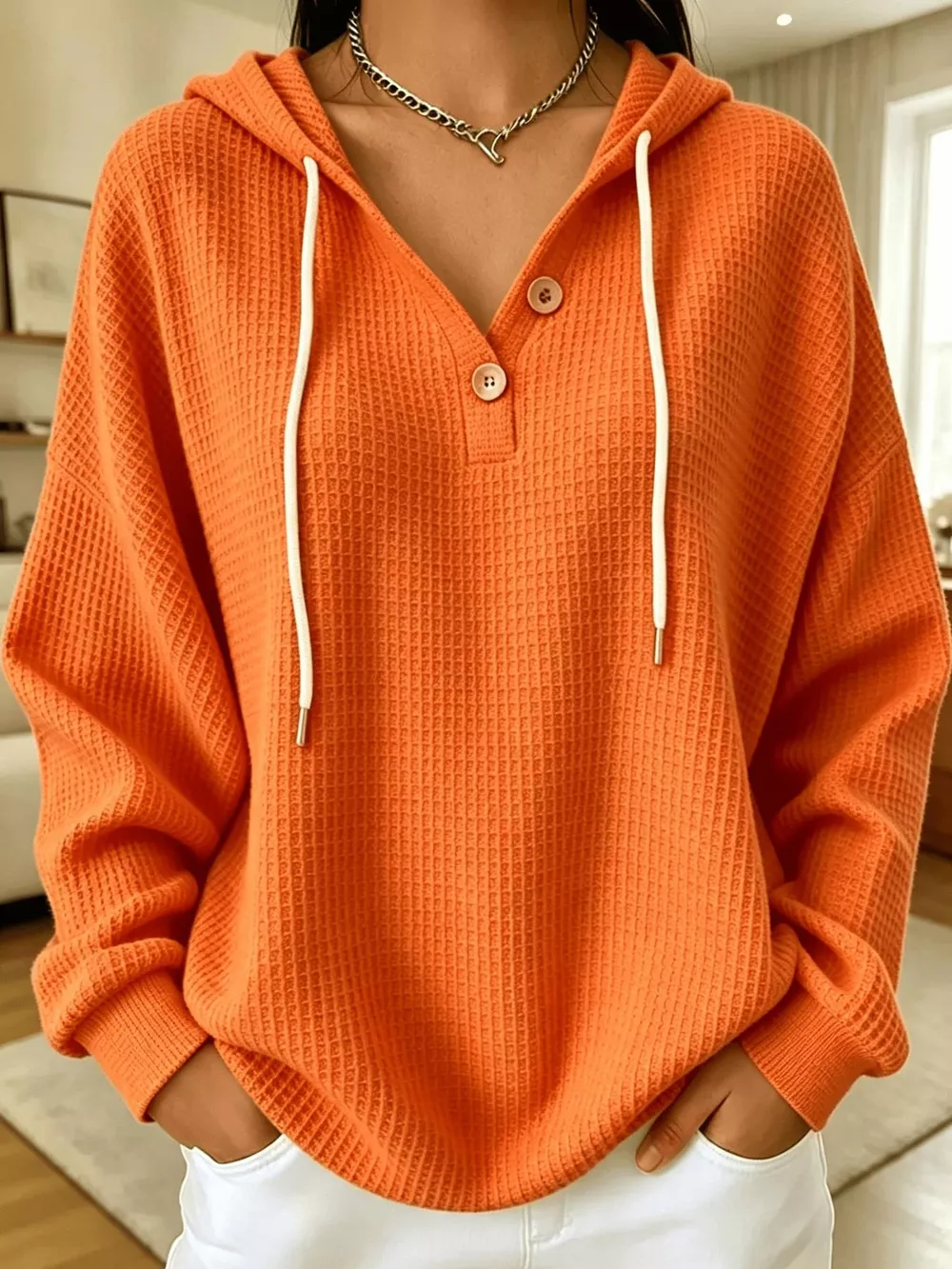 Full Size Waffle Knit Button Detail Hoodie Plus Size, image 30