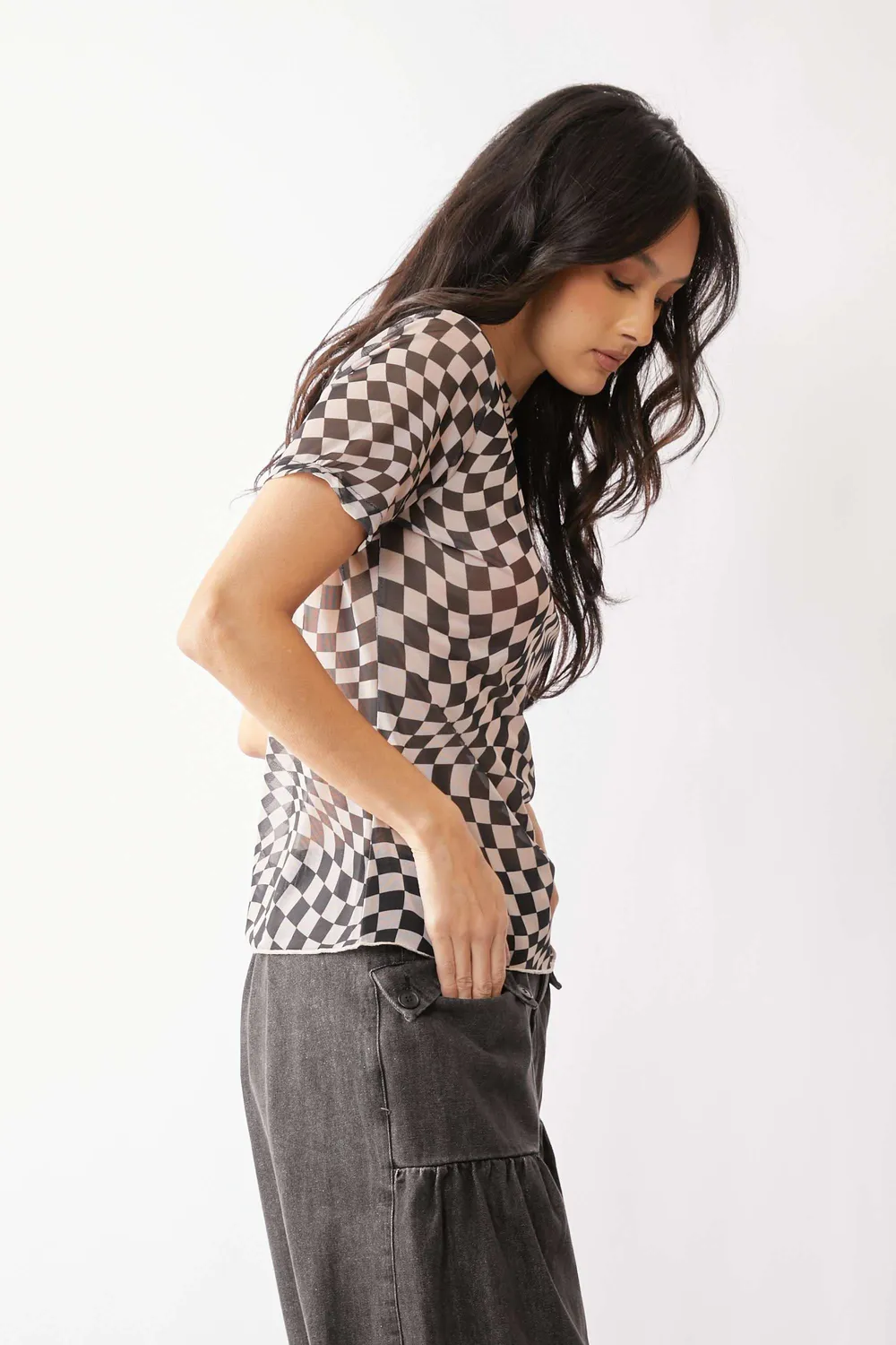 Checker Board Printed Mesh Short Sleeve Top, image 2
