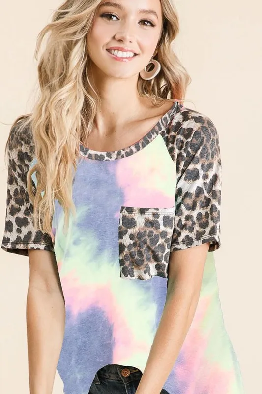 Tie Dye Knit Top with Leopard Raglan Sleeves, image 3