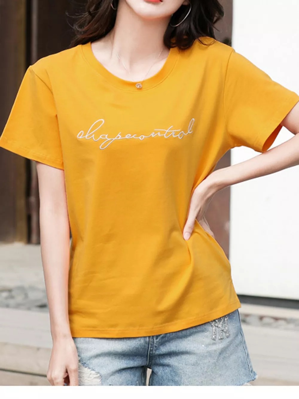Full Size Letter Embroidered Round Neck T-Shirt Plus Size, image 5