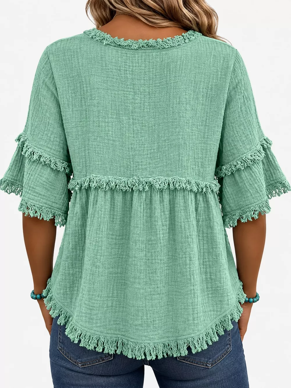 Full Size Frayed Edge Textured Blouse Plus Size, image 6