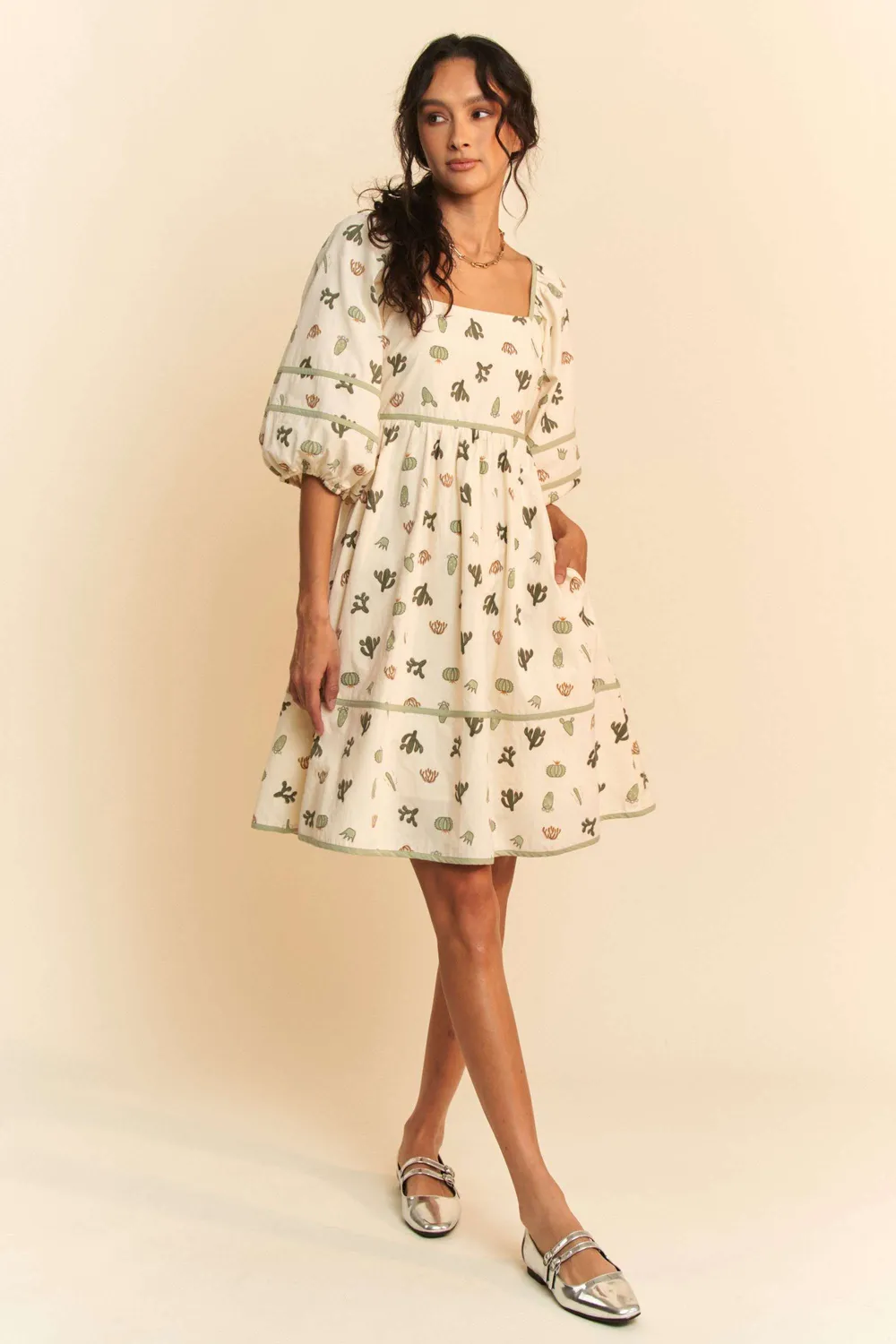 Cactus Printed Poplin Contrast Piping Mini Dress, image 8