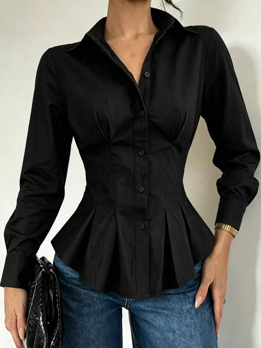 Button-Down Peplum Blouse with Fitted Waist, image 20