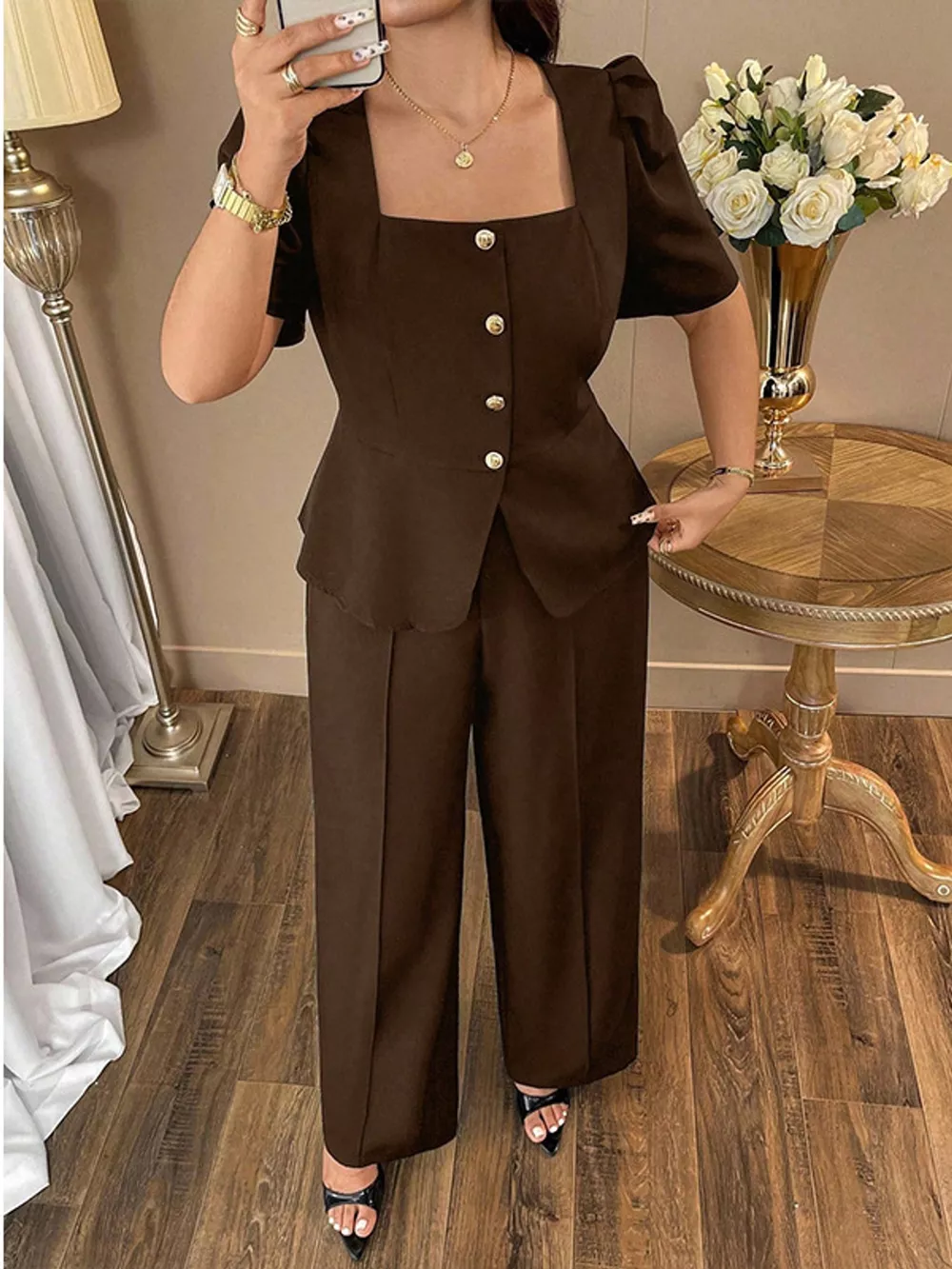 Plus Size Peplum Top and Wide-Leg Pants Two-Piece Set, image 15