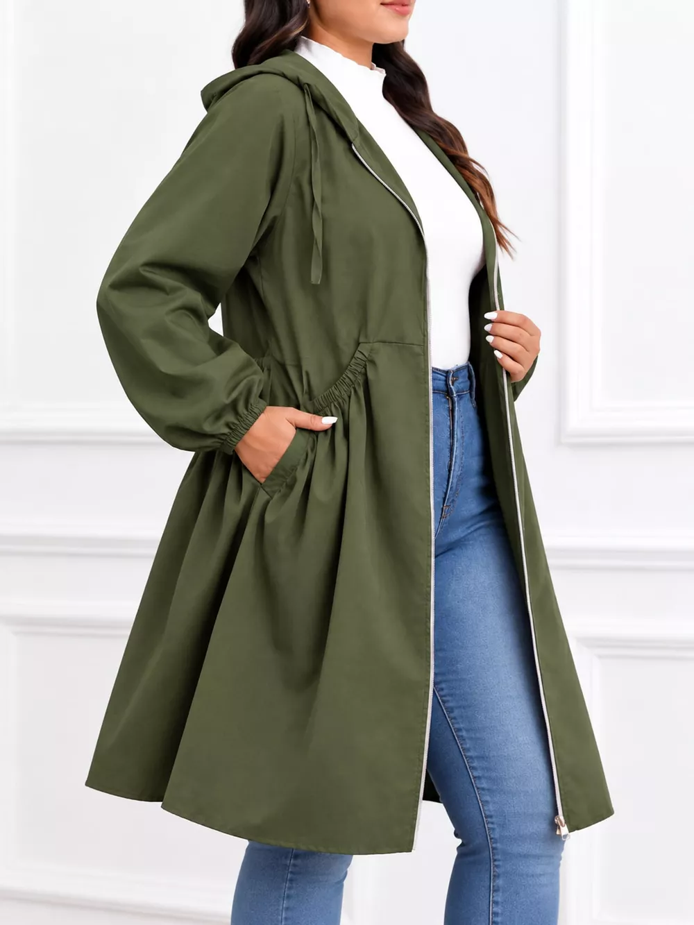 Plus Size Hooded Zip-Up Longline Windbreaker Outerwear, image 15