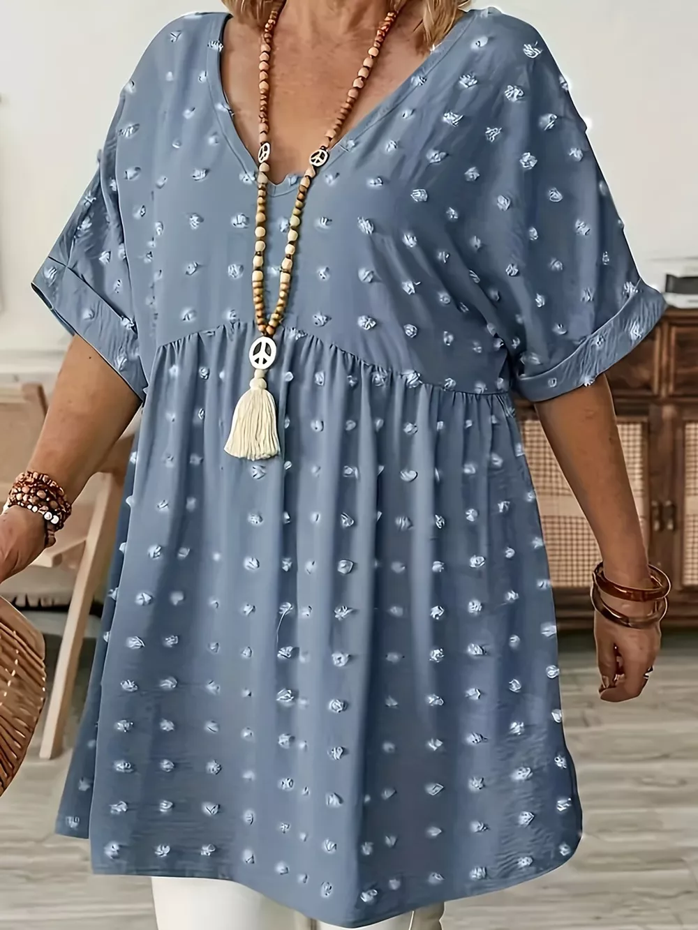 Plus Size Swiss Dot V-Neck Casual Blouse, image 9